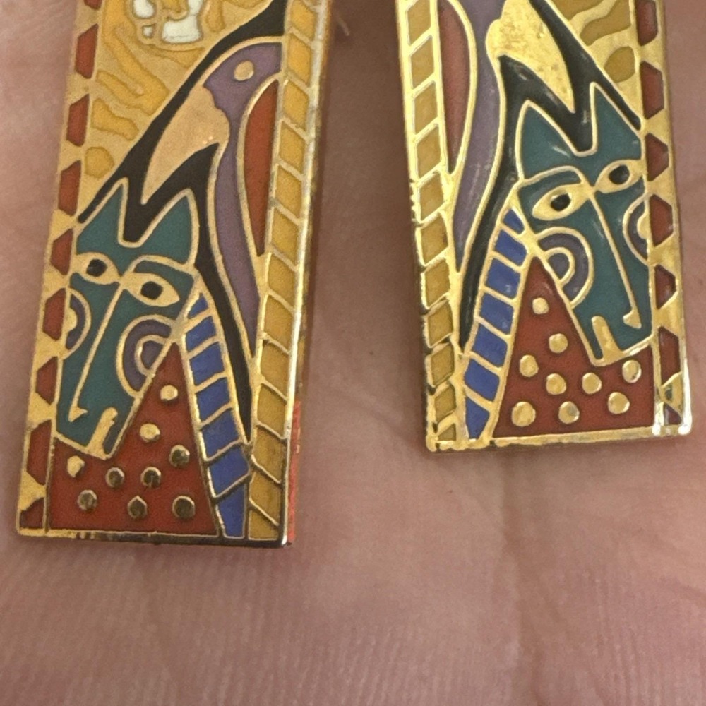 Laurel Burch 1980's"Jungle Friends"Gold Cat Bird Cloisonné Dangle Earrings Rare! - Picture 11 of 13